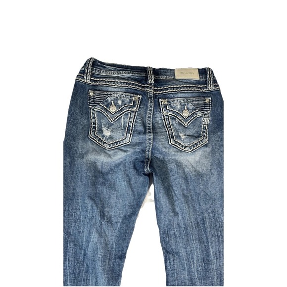 Miss Me Jeans Womens 30 Blue Mid Rise Bootcut Distressed Flap Pockets Rhinestone - Picture 12 of 16